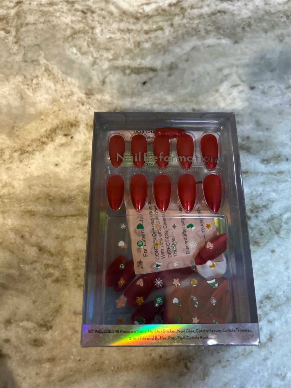 Nail Reformation Press On Nails Red/Gold Pointed Design New Box